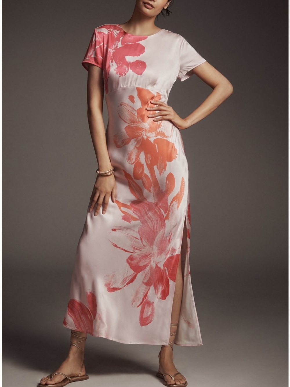 Anthropologie Pink and Coral Brushstroke Floral Maxi Dress